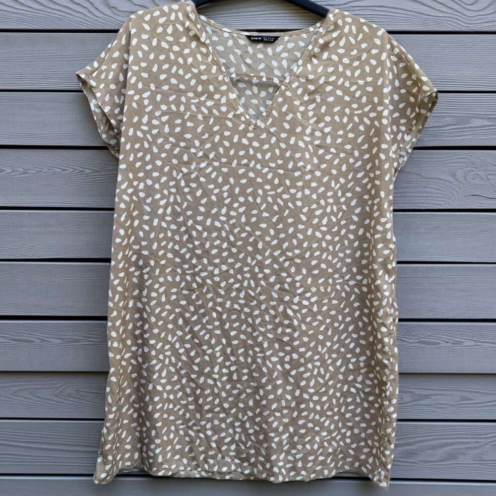 Shein Size L Casual V-Neck Blouse Women Beige Polyester Short Sleeve Dot Print